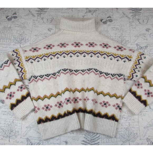 $118 Evereve Lyra Fair Isle Turtleneck Sweater Ivory Wool Bld Cozy Pullover XL - Picture 9 of 10